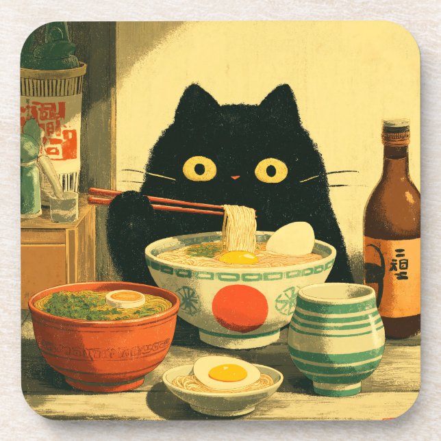Porta-copo Ramen Comendo Gato Negro Engraçado (Frente)