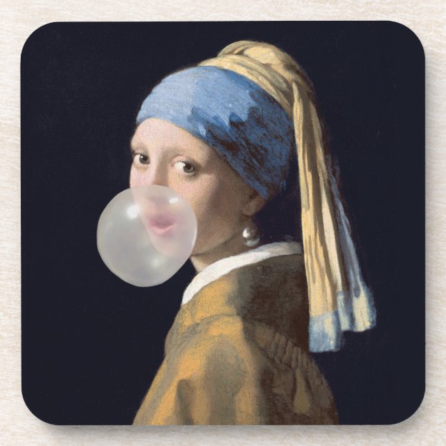 Porta-copo Rapariga com pérola soprando uma pastilha elástica (Frente)