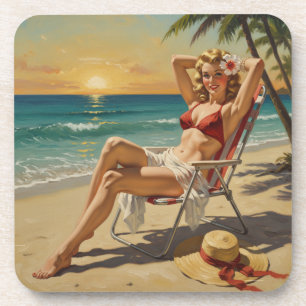 Porta-copo Rapariga na praia Retro '50 Pin-up art