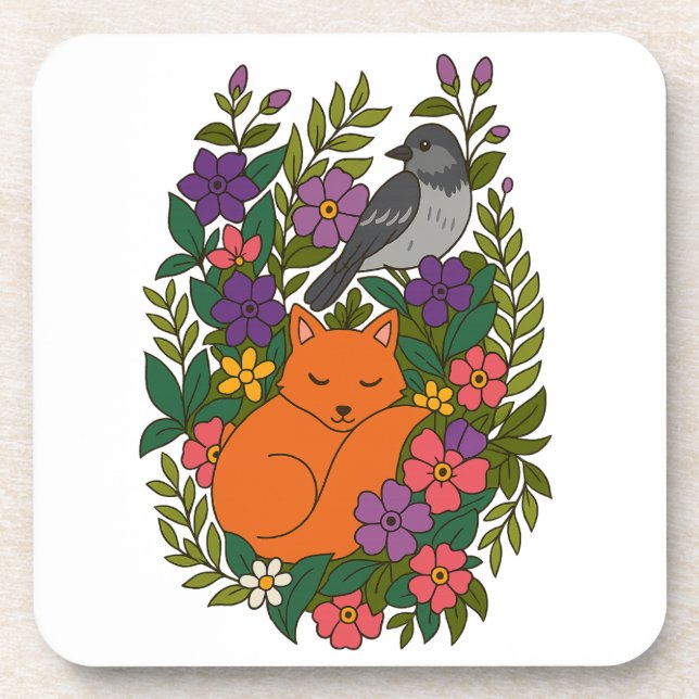 Porta-copo Raposa, pombo e flores (Frente)