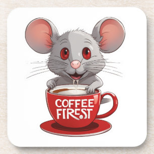 Porta-copo Rato Adorável com Cafeína em Caneca Vermelha