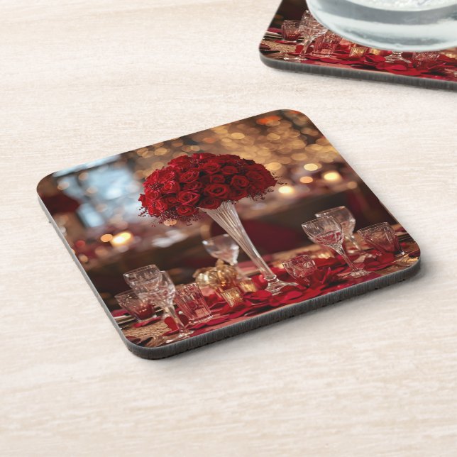 Porta-copo Red Rose Valentine Romantic Aesthetic Coaster Set (Left Side)
