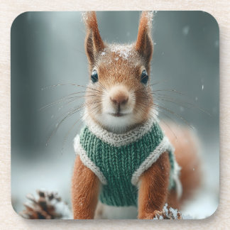Porta-copo Red Squirrel in a Green Knitted Sweater with Text