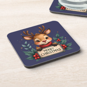 Porta-copo Rena de Natal Fofa com Azevinho e Placa