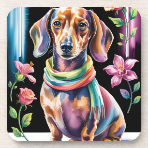 Porta-copo Retrato de Dachshund em Luz Neon e Moldura Floral