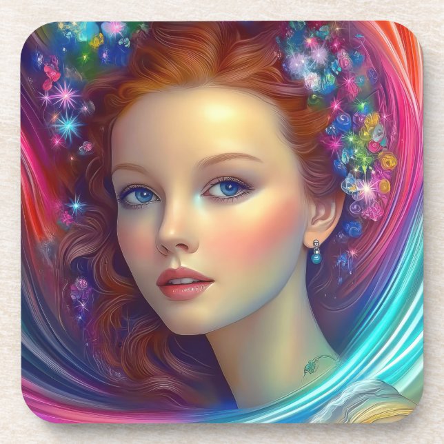Porta-copo Retrato do Cabelo Arco-Íris Encantado (Frente)