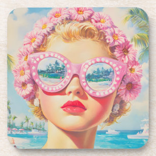 Porta-copo Retro Beach Girl com óculos de sol florais