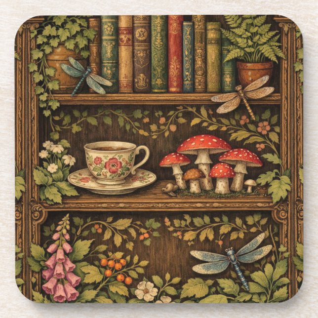 Porta-copo Retro book shelf mushrooms coffee floral  (Frente)