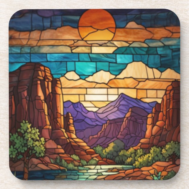 Porta-copo Retro desert scene Sedona mountains stainglass art (Frente)