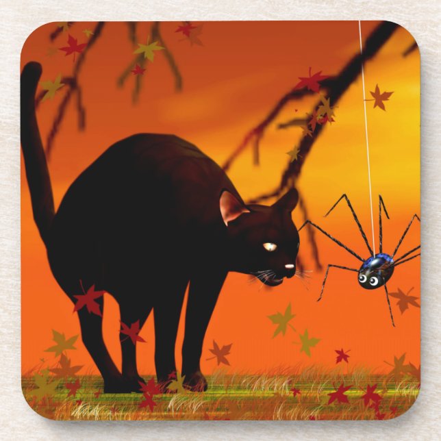 Porta-copo Reunião de Halloween - Gato Preto e Aranha (Frente)