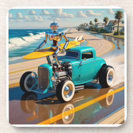 Porta-copo robô vintage com surfboard , na praia