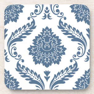 Porta-copo Rococo Damask Padrão Grande Azul no Branco