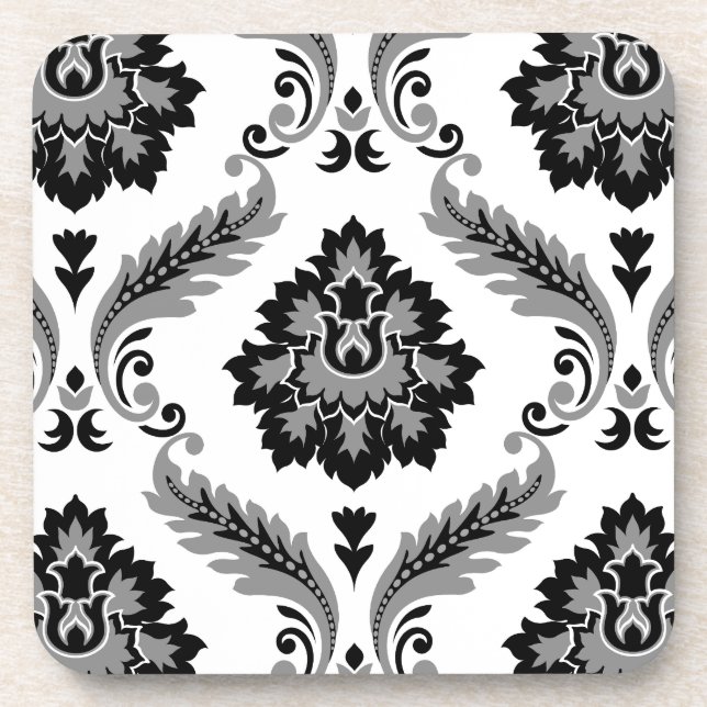 Porta-copo Rococo Damask Padrão Grande Cinza Preto Branco (Frente)