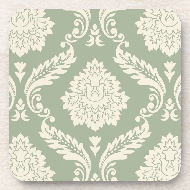 Porta-copo Rococo Damask Padrão Grande Creme sobre Verde (Frente)