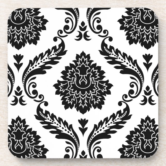 Porta-copo Rococo Damask Padrão Grande Preto no Branco (Frente)