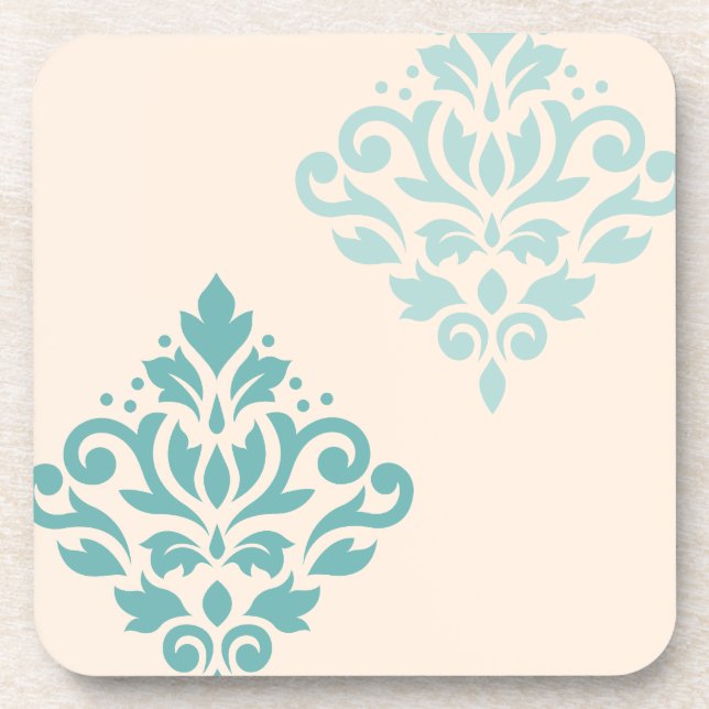 Porta-copo Rolar Damask Art I Teals on Cream (Frente)