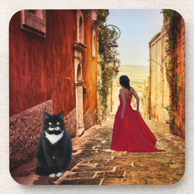 Porta-copo Romantic Italian Village Tuxedo Cat Coaster (Frente)