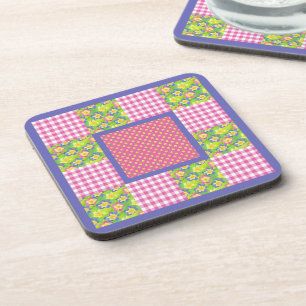 Porta-copo Rosa, Azul, Primroses Amarelas, Bolinhas, Gingham