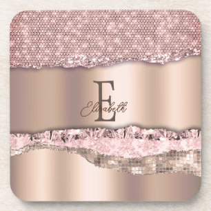Porta-copo Rosa Dourado Tendência Diamantes Brilho Monograma