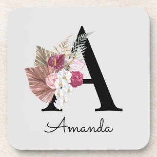 Porta-copo Rosa Moderno Boho Floral Feminino Inicial A
