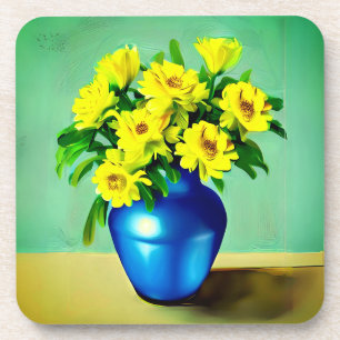 Porta-copo Rosas Amarelas em Arte Azul Vase Boho