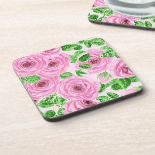 Porta-copo Rosas cor-de-água rosa com folhas e botões