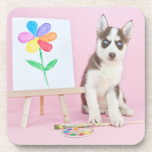 Porta-copo Rouco Puppy Pintando uma Flor Arco-Íris