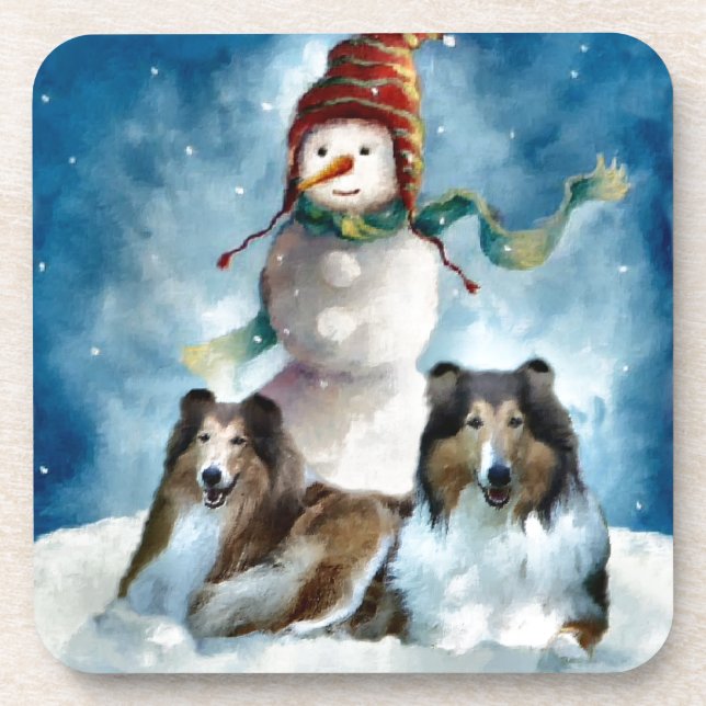 Porta-copo Rough Collie com Snowman no Natal (Frente)