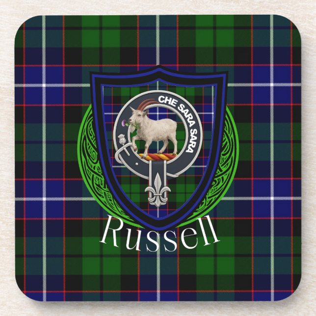 Porta-copo Russell Scottish Clan Tartan & Crest (Frente)