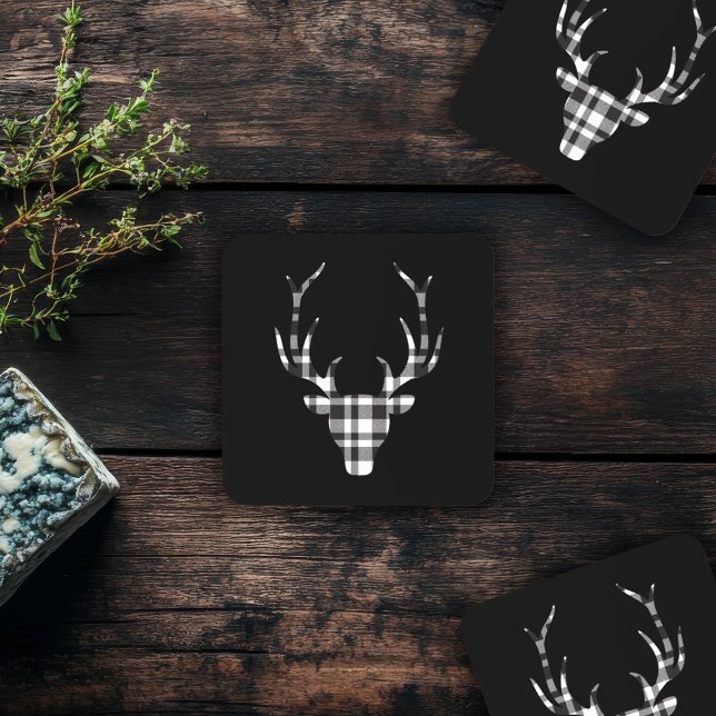 Porta-copo Rustic Elegant Christmas Plaid Deer  (elegant chic black plaid deer coaster )