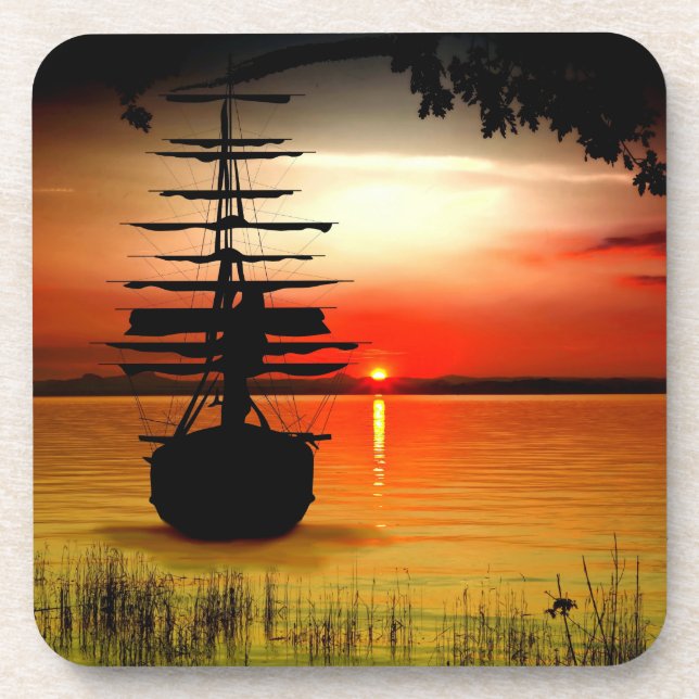 Porta-copo Schiff bei Sonnenaufgang Kork-Untersetzer (Frente)