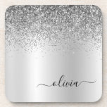 Porta-copo Script Girly Sparkle Glitter Monograma de Silver<br><div class="desc">Portas copos De Papel Com Nome Monograma De Folha De Silver Faux Folha Metálica Glitter De Farelo Brugado De Metal Monograma. Isso faz a formatura perfeita, aniversário, casamento, chá de panela, aniversário, chá de fraldas ou presente de festa de solteira para alguém que ama luxo de vidro e estilos quíticos....</div>