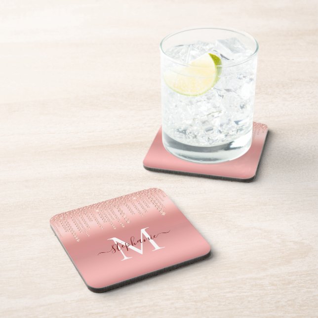 Porta-copo Script Monograma do Diamond do Sparkle rosa Dourad (Lado Direito)