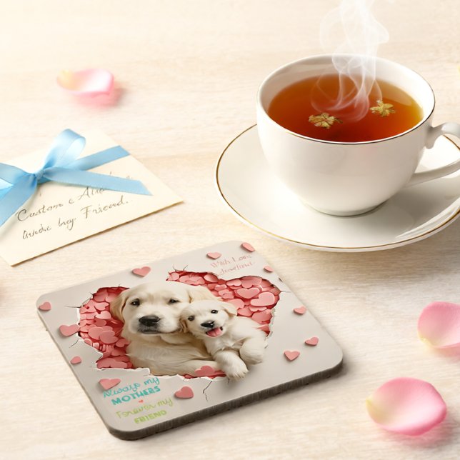 Porta-copo Sempre minha mãe Mãe e bebê de cachorro (Always My Mother Dog Mum & Puppy Heart Beverage Coaster)