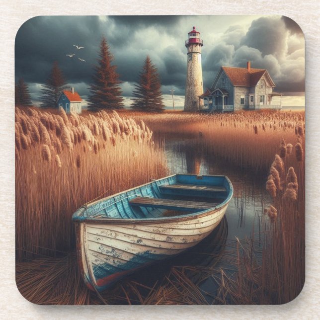 Porta-copo Serenidade Costeira: Farol e Rowboat (Frente)