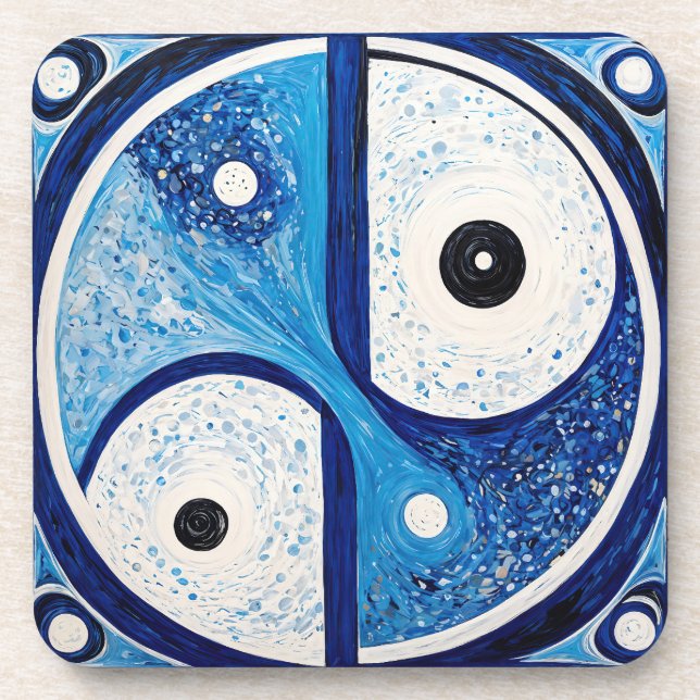 Porta-copo Serenidade Geométrica: Yin Yang Azul e Branco (Frente)