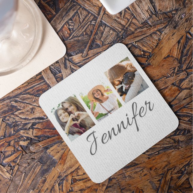 Porta-copo Signature Strip Collage (Coaster with three-photo strip layout, signature name beneath, and charcoal on white tones.)