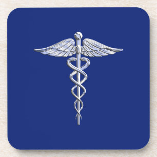 Porta-copo Símbolo Médico Caduceu no Estilo Chrome sobre Azul