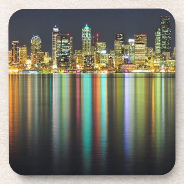 Porta-copo Skyline de Seattle na noite com reflexão (Frente)