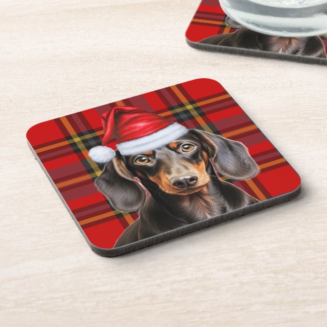 Porta-copo Smooth Dachshund with Red and Green Holiday Plaid (Left Side)