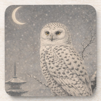 Porta-copo Snowy Owl Plastic Coaster, Japanese Moon Pagoda De