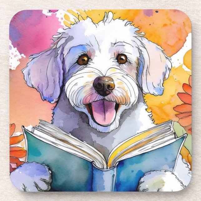 Porta-copo Sober Schnoodle Dog Lendo Grande Recuperação de Li (Frente)