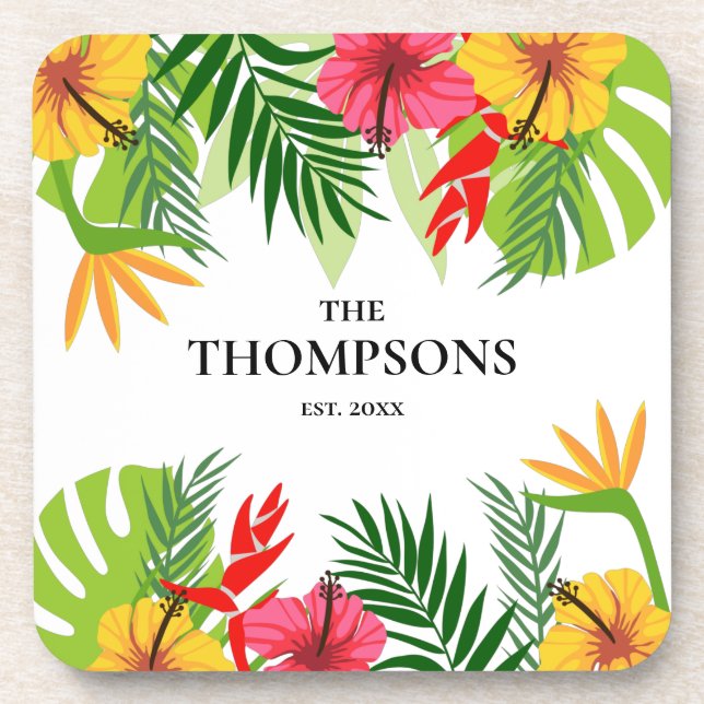 Porta-copo Sobrenome Personalizado de Folhas Tropicais e Flor (Frente)