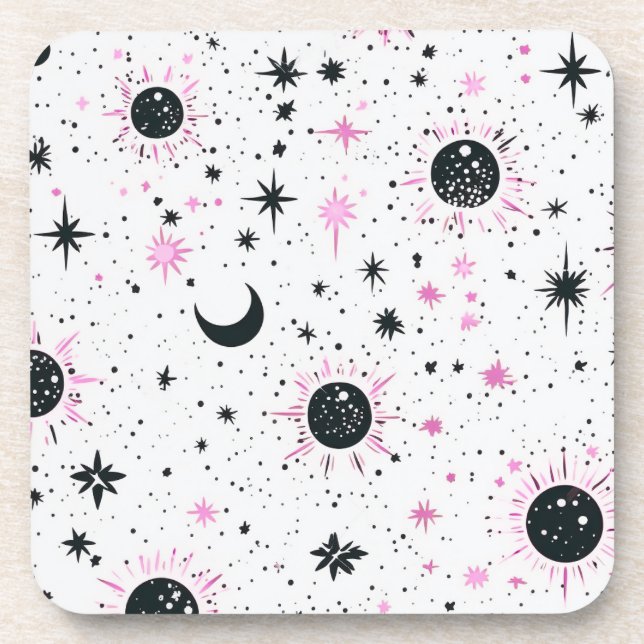 Porta-copo Sol Lua Estrelas Celestiais Preto e Rosa (Frente)