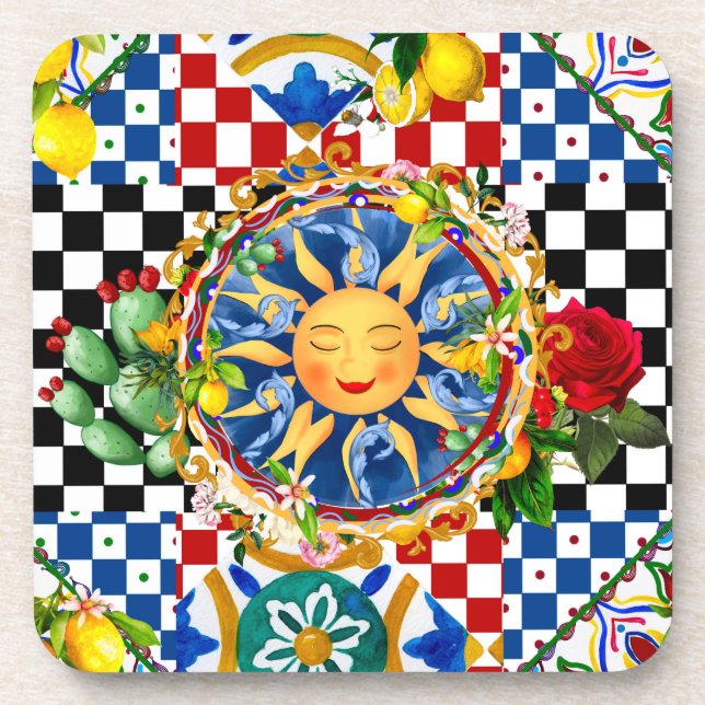 Porta-copo Sol siciliano,limão,azulejos mediterrâneos (Frente)