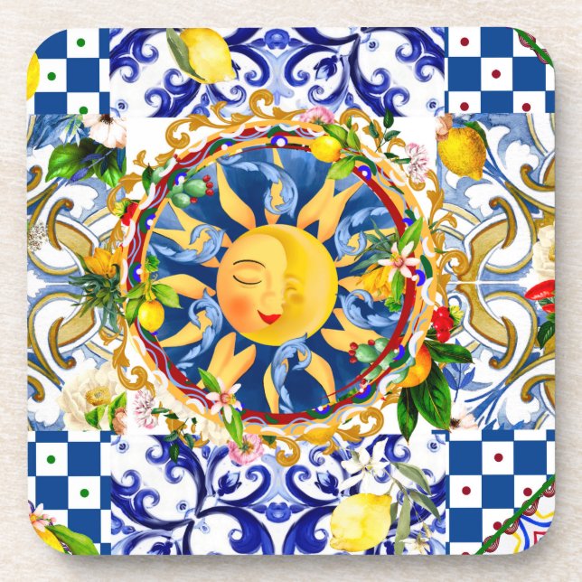 Porta-copo Sol siciliano,limão,azulejos mediterrâneos (Frente)