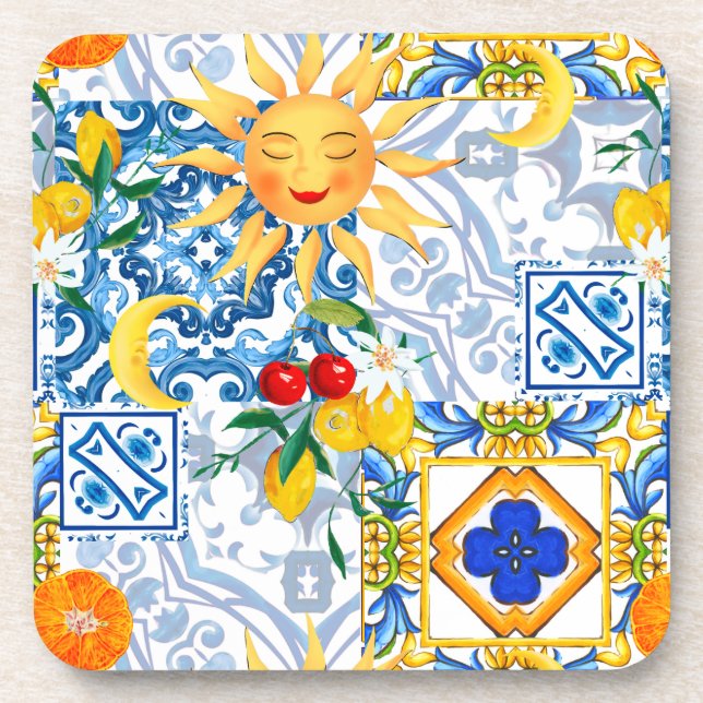 Porta-copo Sol siciliano,limão,majolica,Mesa Runner (Frente)