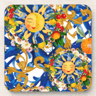 Porta-copo Sol siciliano,meia lua,verão,majolica,limão