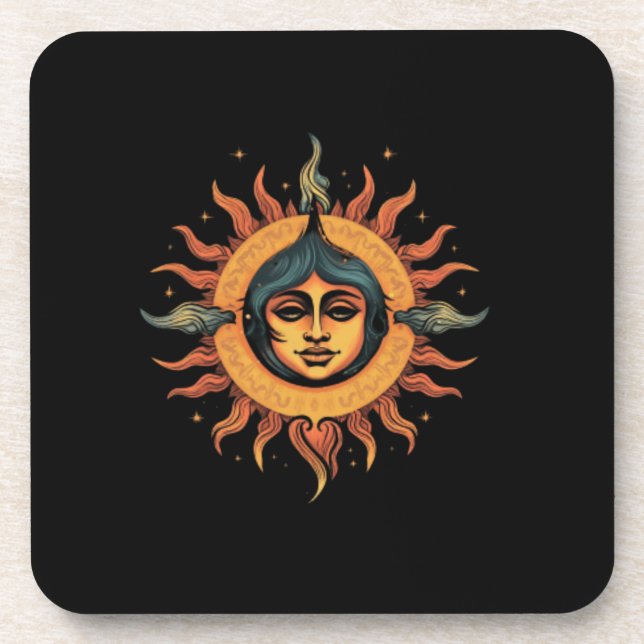 Porta-copo Sol trivial, sol retrô, sol com rosto feminino (Frente)