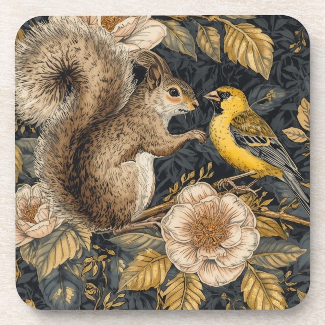 Porta-copo Squirrel and Yellow Canary with Flowers Pattern (Frente)